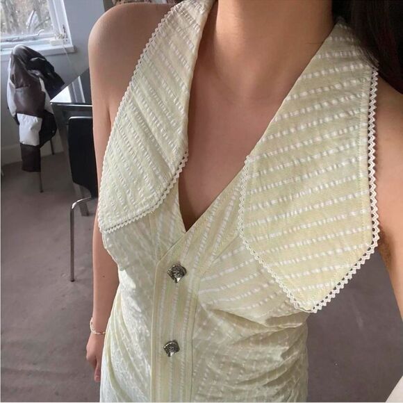 Ganni Seersucker Stripe Midi Dress Stripe Flan Size 14 Yellow - Picture 3 of 16